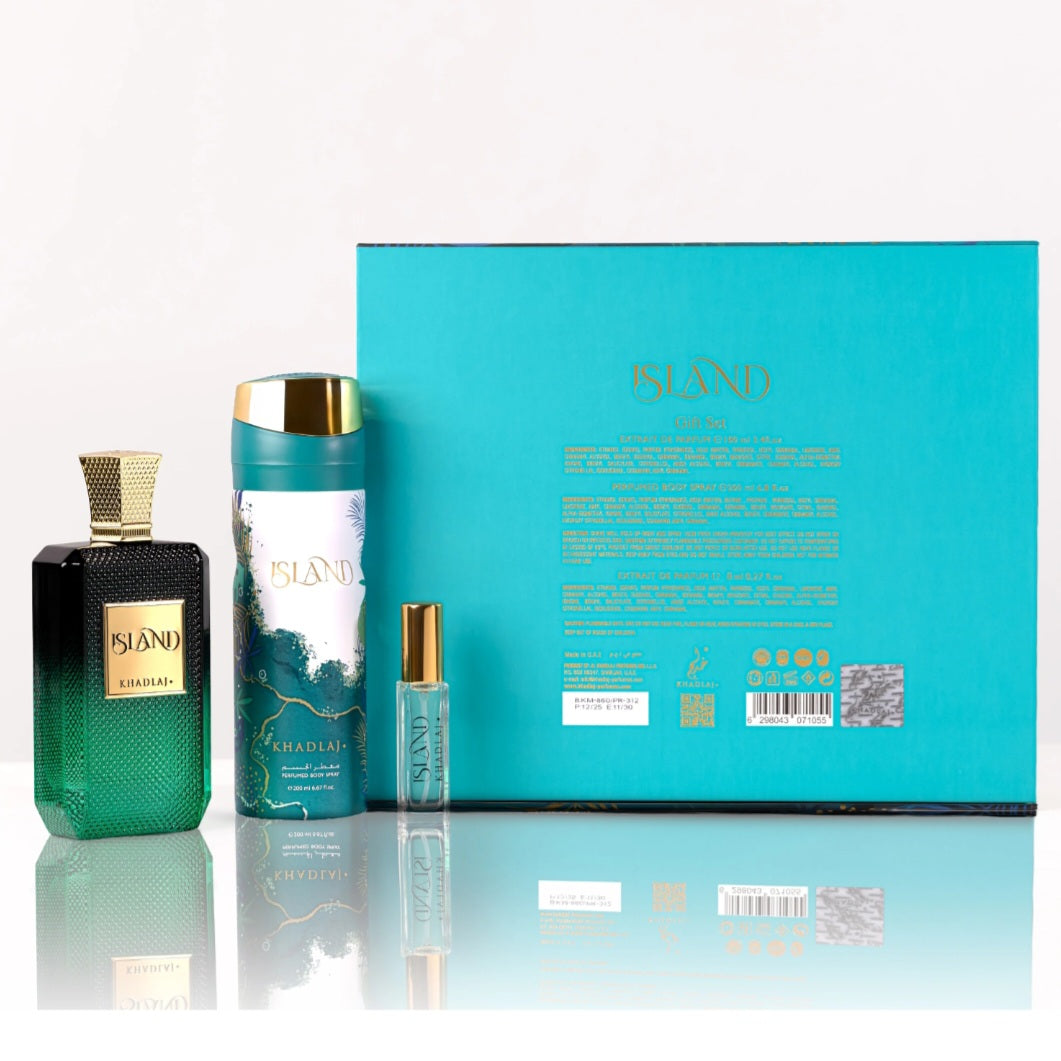 Khadlaj Island Gift Set 3 PCS - Perfume, Body Spray y Roll-On