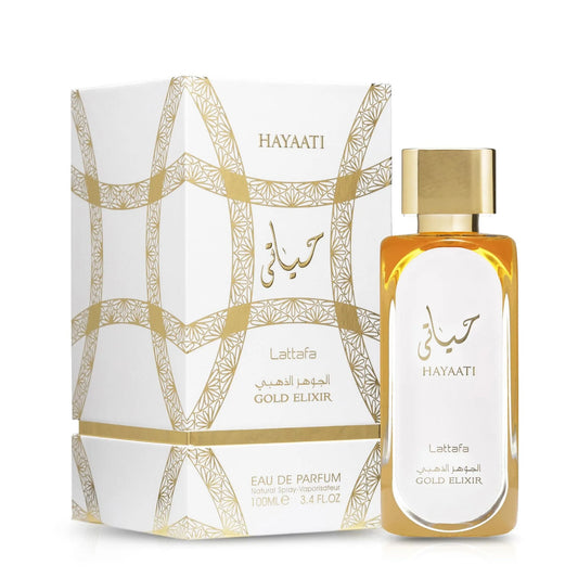Lattafa Hayaati Gold Elixir Eau de Parfum 100 ml, frasco y caja dorados