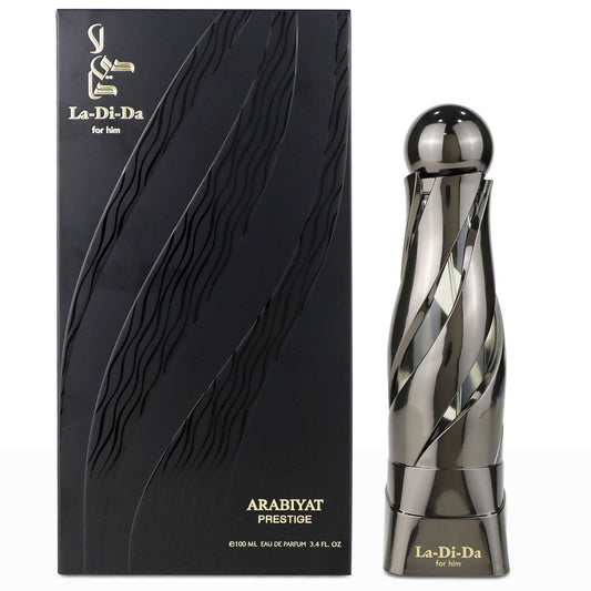 Arabiyat Prestige LA Di Da for Him Eau de Parfum 100 ml, frasco plateado y caja negra