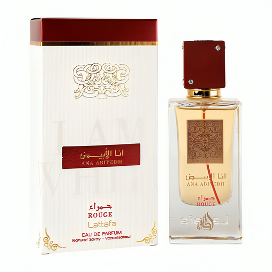 Lattafa Ana Abiyedh Rouge Eau de Parfum 60 ml, frasco y caja